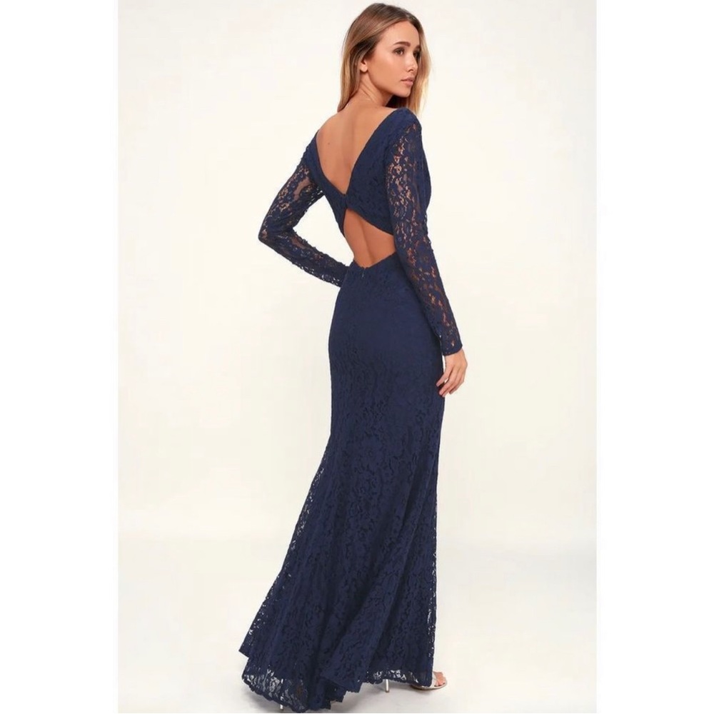 Navy Blue Lace Long Sleeve Maxi Dress XL